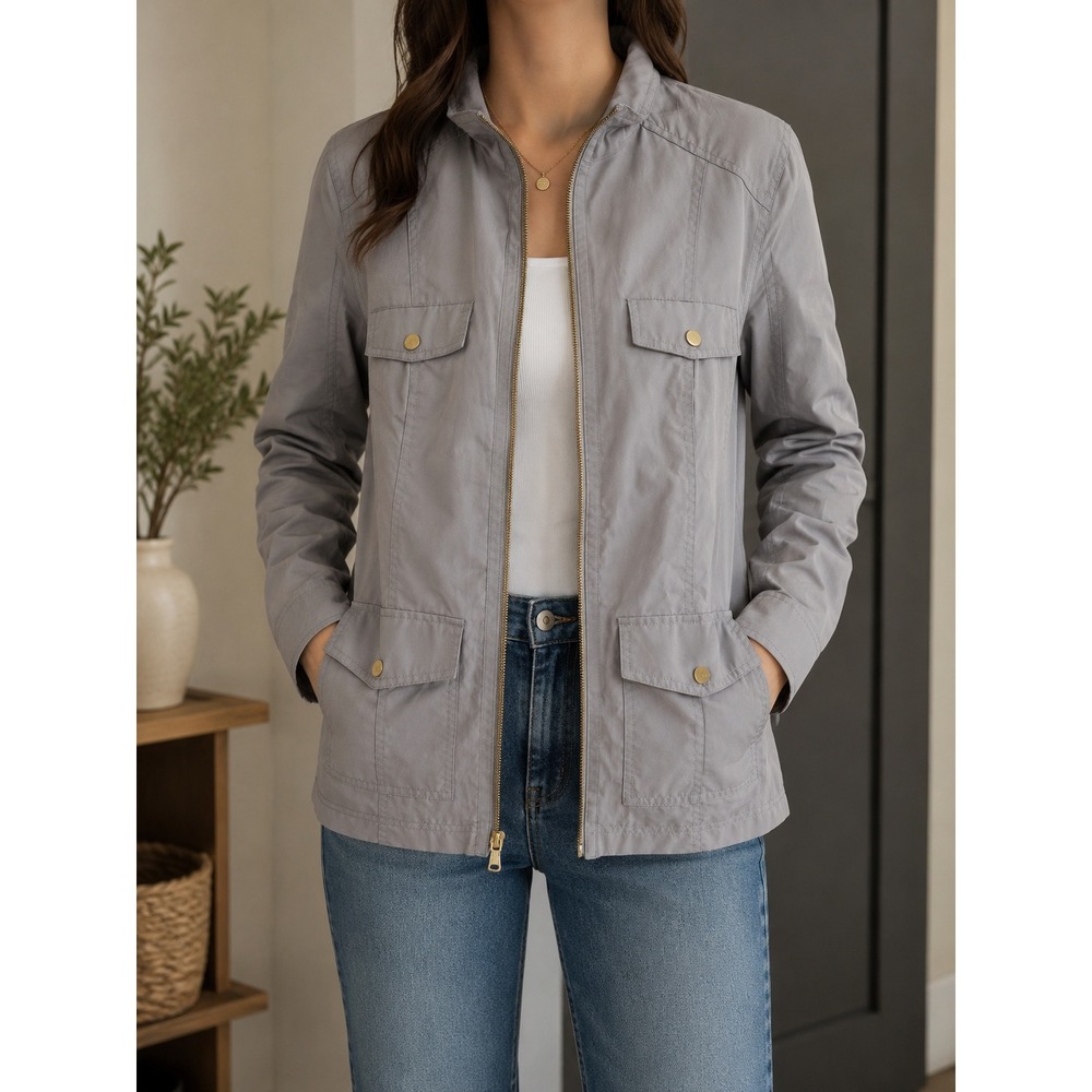 Tommy Hilfiger Womens Grey Field Jacket Mock Neck Full Zip Utility Coat Size L